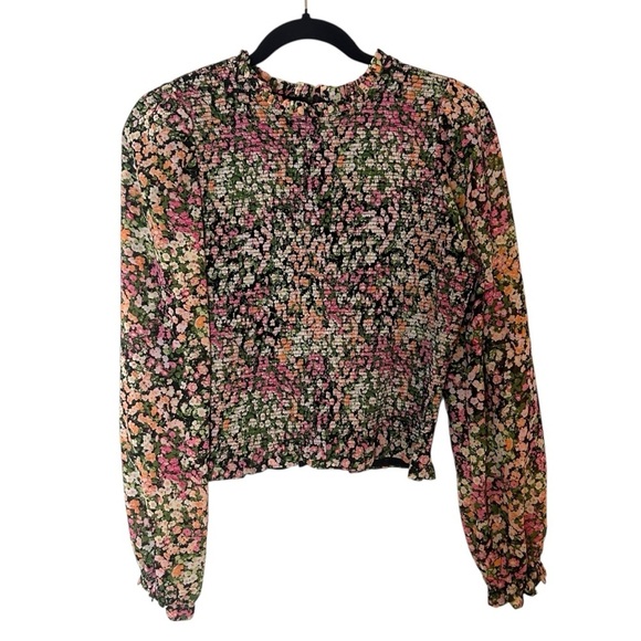 Dex Tops - DEX Women's Floral Chiffon Smocked Long Sleeve Blouse-Size Medium